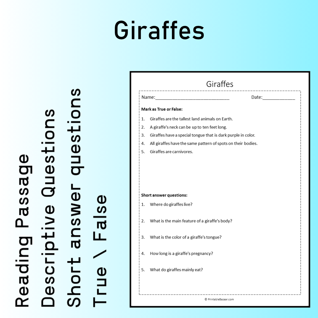 Giraffes | Reading Comprehension Passage Printable Worksheet