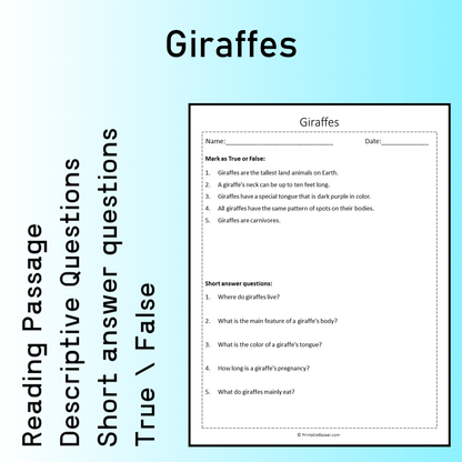 Giraffes | Reading Comprehension Passage Printable Worksheet