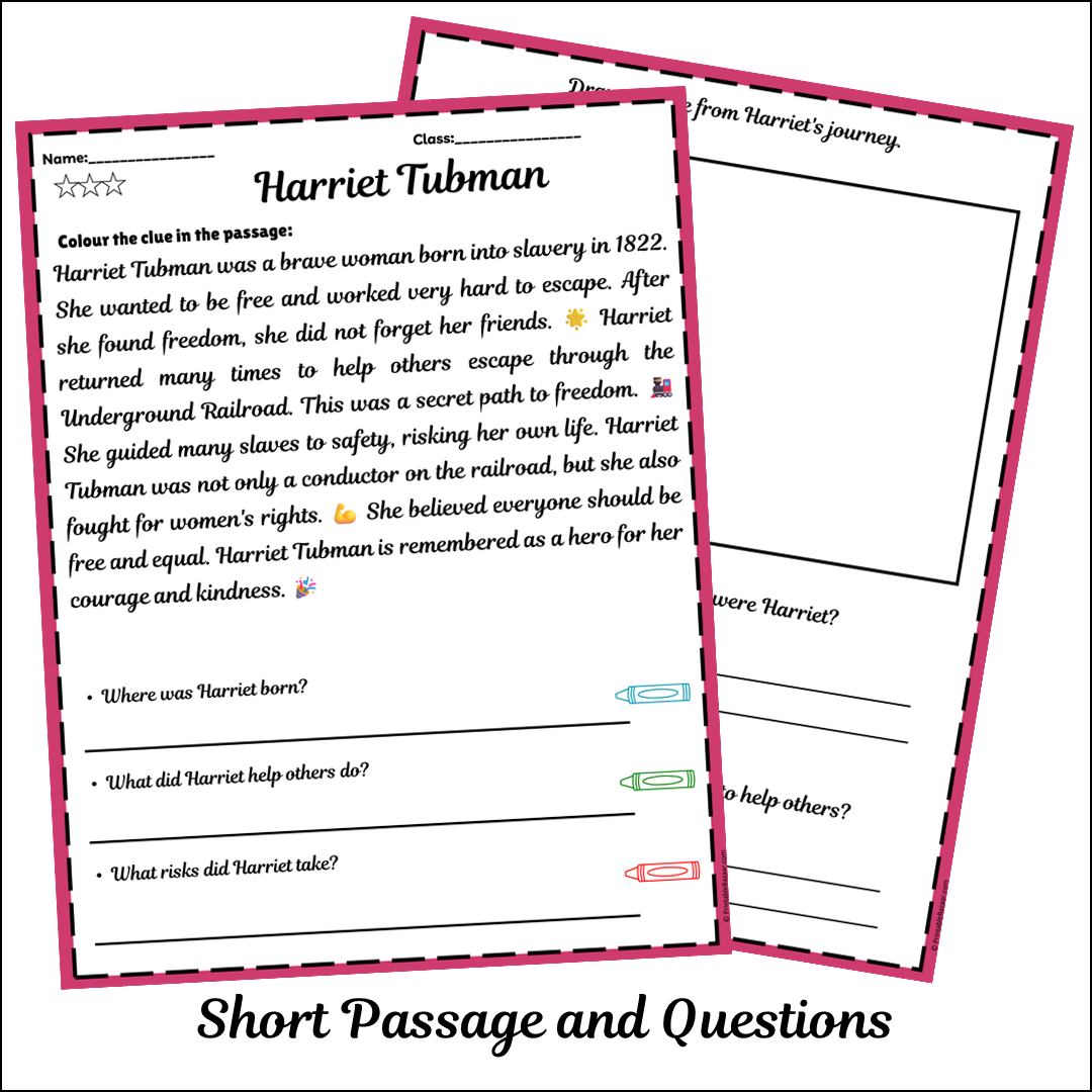 Harriet Tubman | Short Reading Comprehension Creative Worksheet