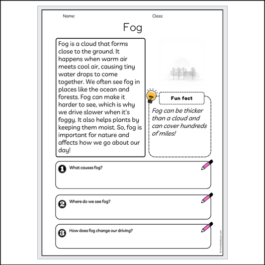 Fog | Reading Passage Comprehension Questions Writing Facts Worksheet