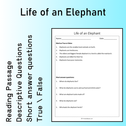 Life of an Elephant | Reading Comprehension Passage Printable Worksheet