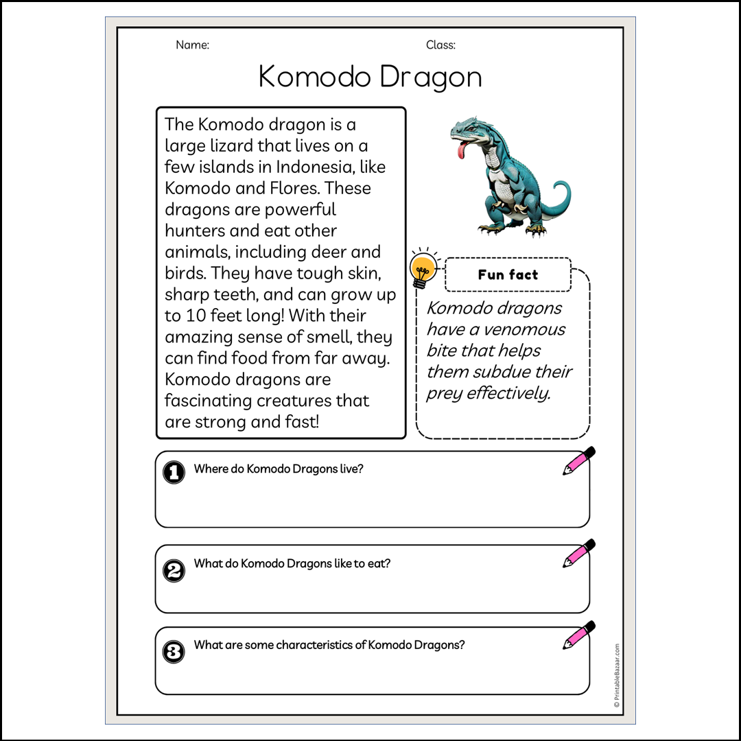 Komodo Dragon | Reading Passage Comprehension Questions Writing Facts Worksheet