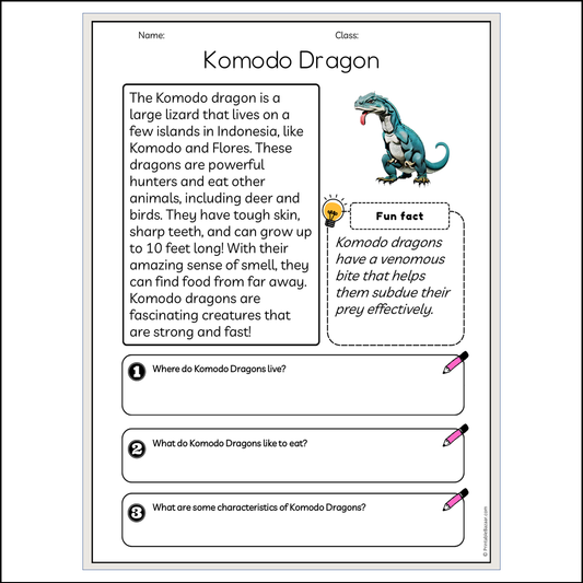 Komodo Dragon | Reading Passage Comprehension Questions Writing Facts Worksheet