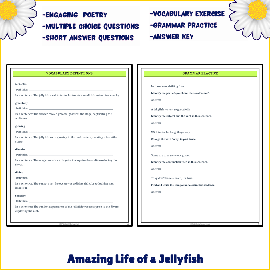 Amazing Life of a Jellyfish | Poem Grammar Worksheet Printable Activity