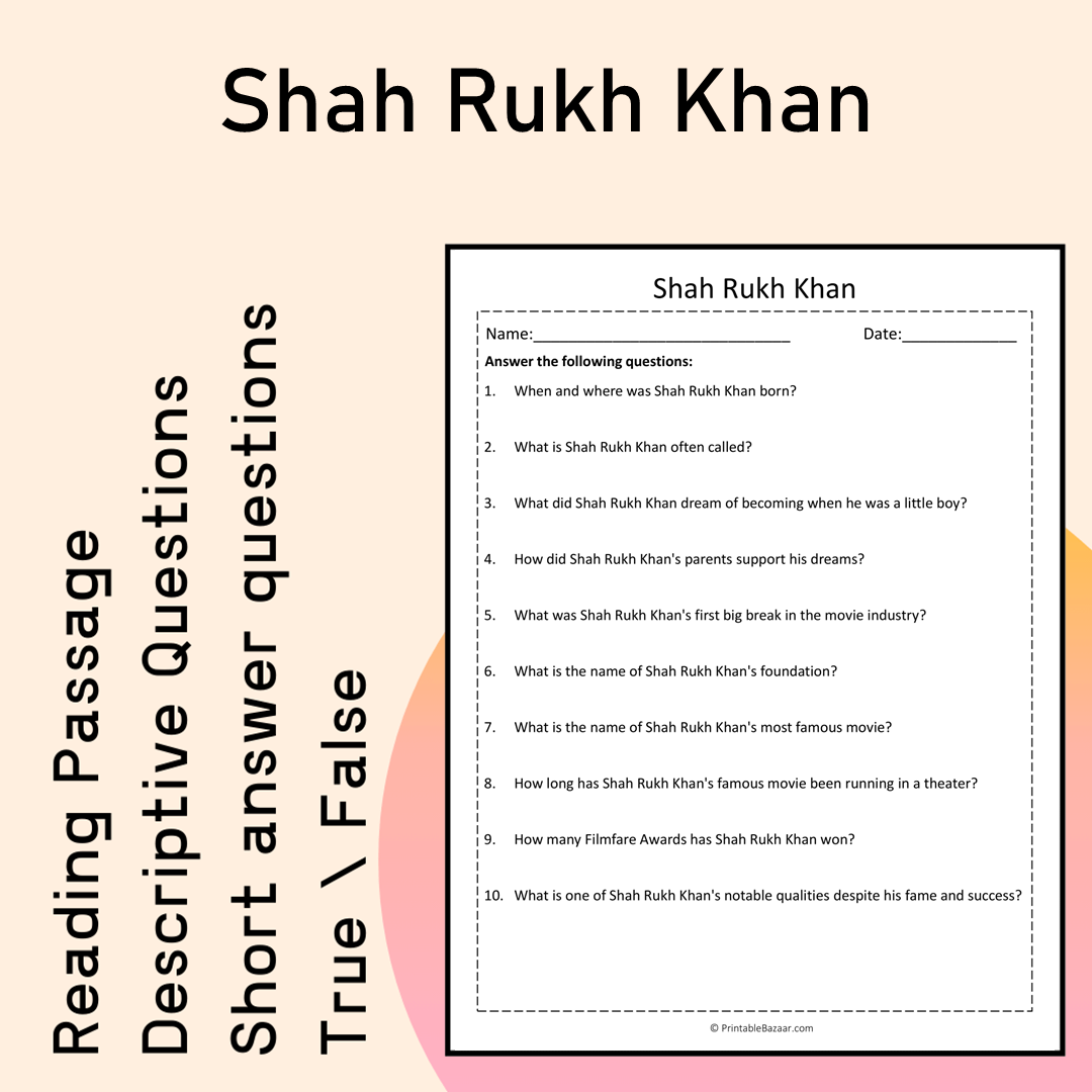 Shah Rukh Khan | Reading Comprehension Passage Printable Activity