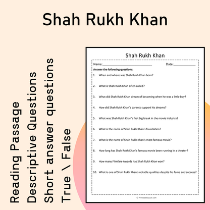 Shah Rukh Khan | Reading Comprehension Passage Printable Activity