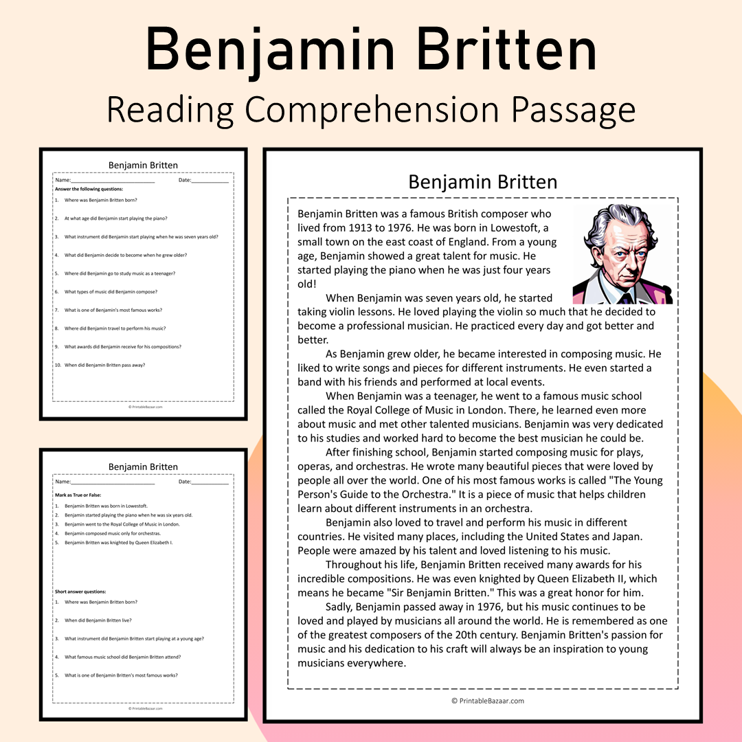 Benjamin Britten | Reading Comprehension Passage Printable Activity