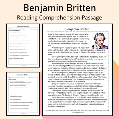 Benjamin Britten | Reading Comprehension Passage Printable Activity