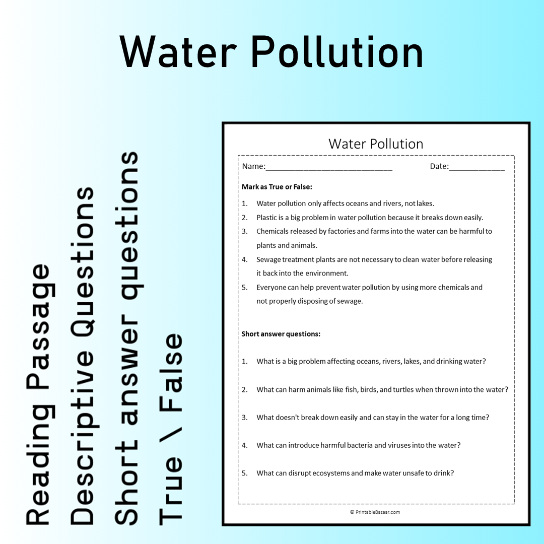 Water Pollution | Reading Comprehension Passage Printable Worksheet