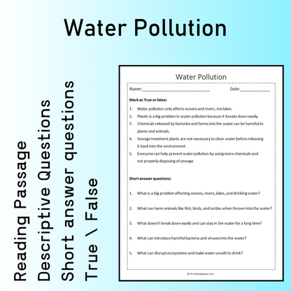 Water Pollution | Reading Comprehension Passage Printable Worksheet