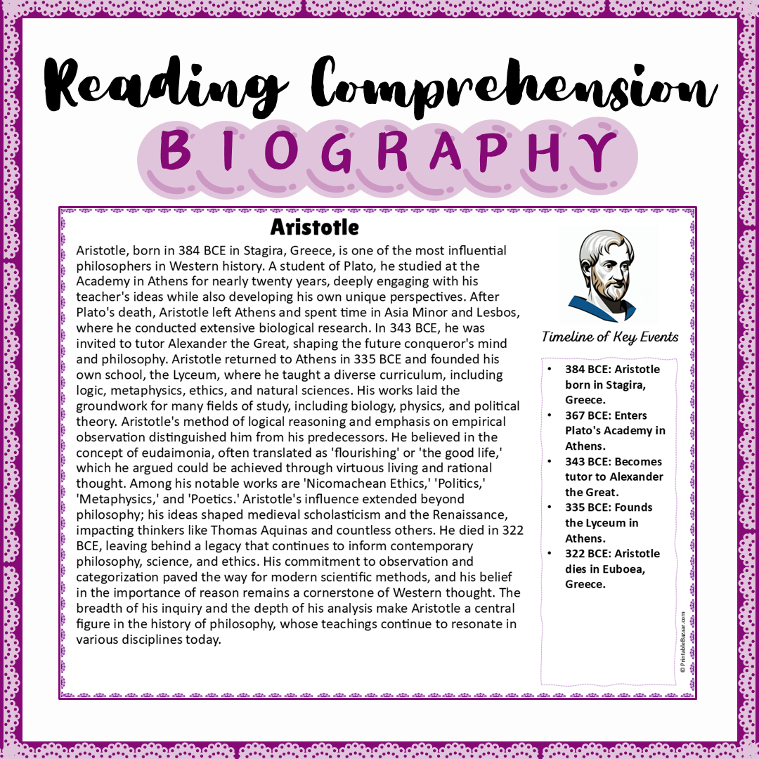 Aristotle | Biography Reading Comprehension and Questions Worksheet