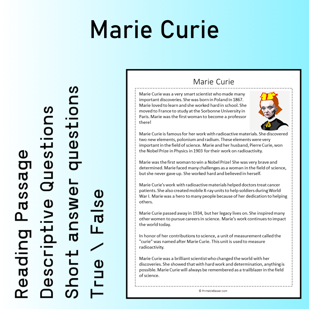 Marie Curie | Reading Comprehension Passage Printable Worksheet