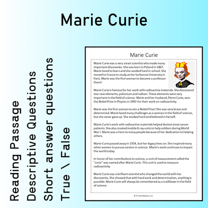 Marie Curie | Reading Comprehension Passage Printable Worksheet