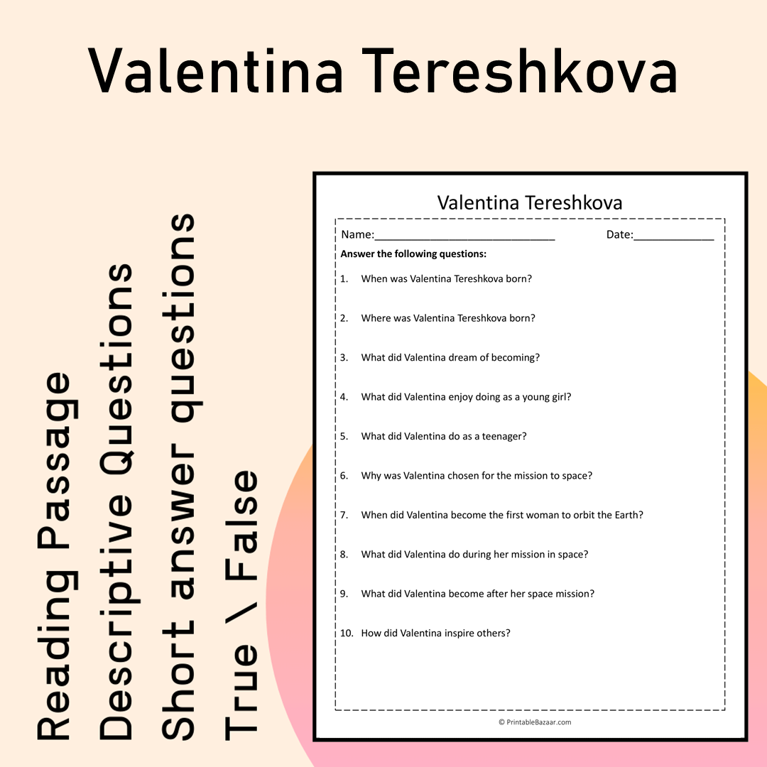 Valentina Tereshkova | Reading Comprehension Passage Printable Activity