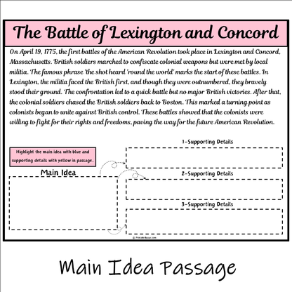 The Battle of Lexington and Concord | Main Idea and Supporting Details Reading Passage and Questions