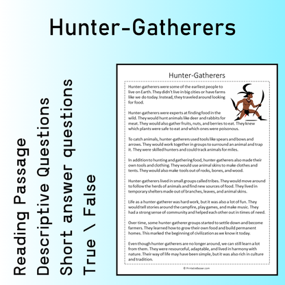 Hunter-Gatherers | Reading Comprehension Passage Printable Worksheet