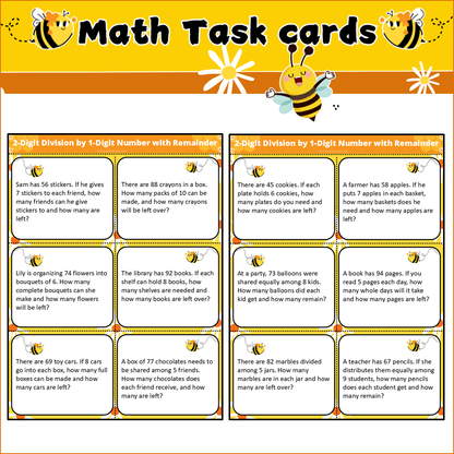 2-Digit Division by 1-Digit Number with Remainder | Math Task Cards