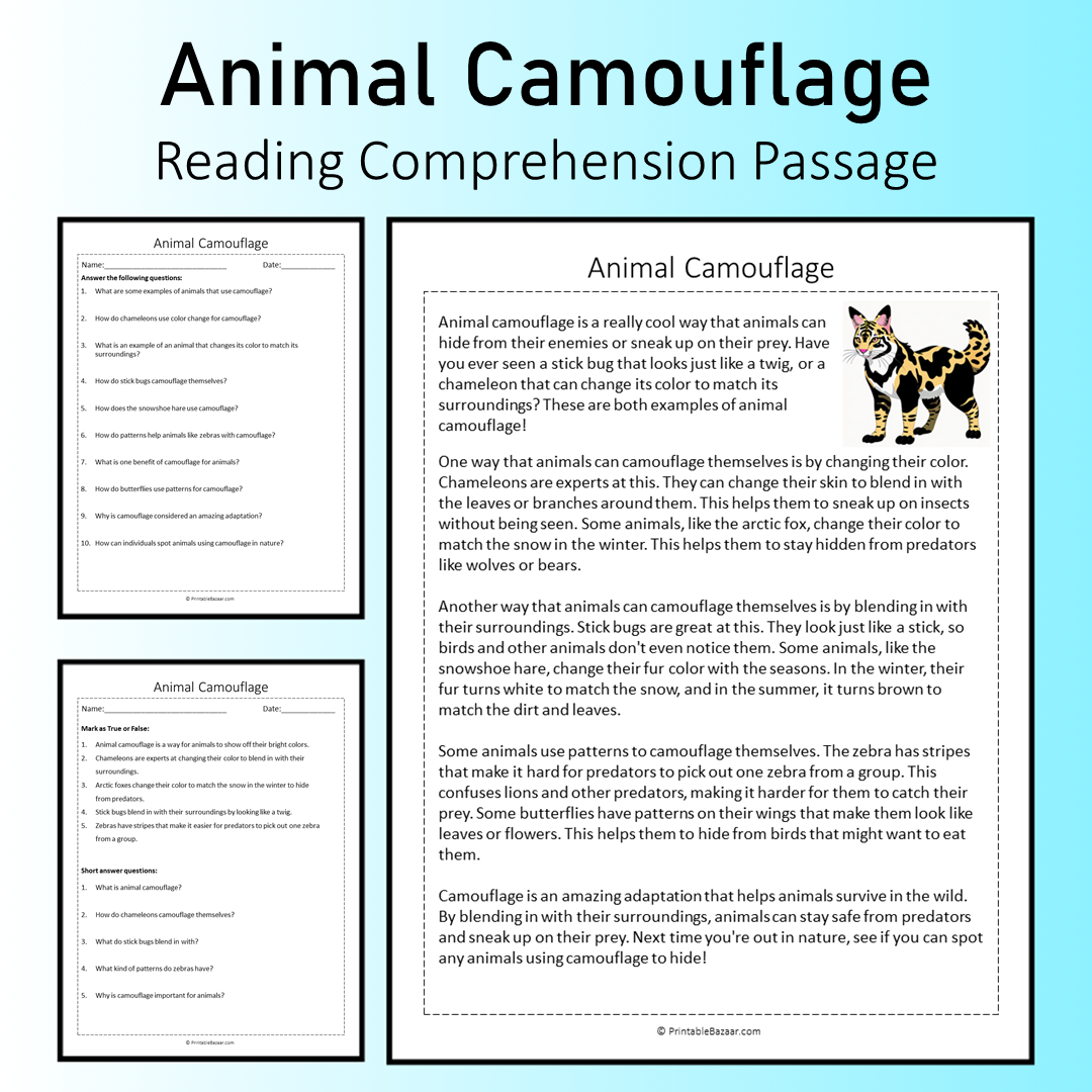 Animal Camouflage | Reading Comprehension Passage Printable Worksheet