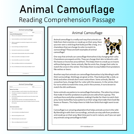 Animal Camouflage | Reading Comprehension Passage Printable Worksheet