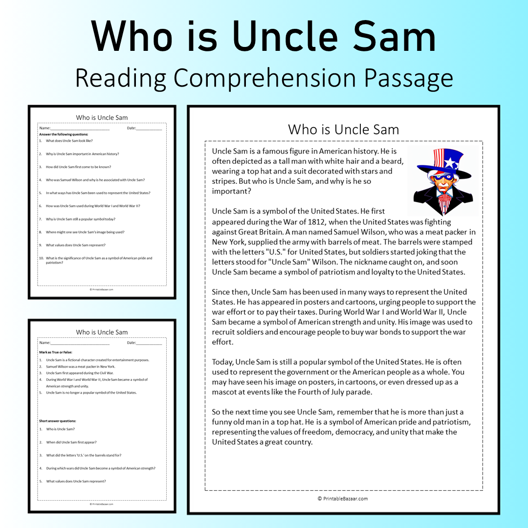 Who is Uncle Sam | Reading Comprehension Passage Printable Worksheet