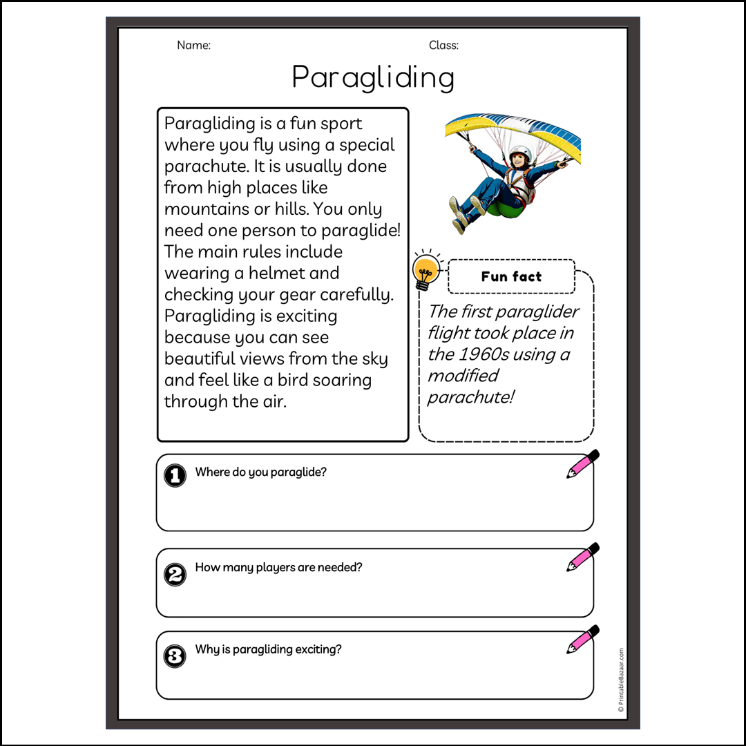 Paragliding | Reading Passage Comprehension Questions Writing Facts Worksheet