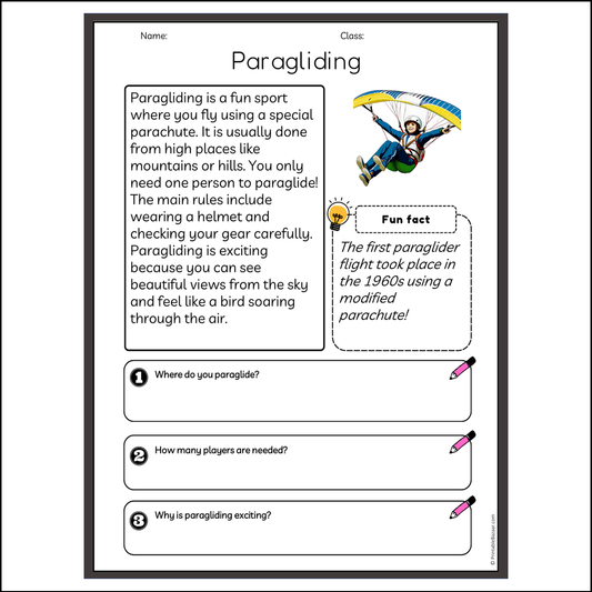 Paragliding | Reading Passage Comprehension Questions Writing Facts Worksheet