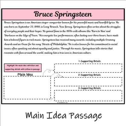 Bruce Springsteen | Main Idea and Supporting Details Reading Passage and Questions