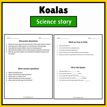 Koalas | Science Story Reading Comprehension Activity