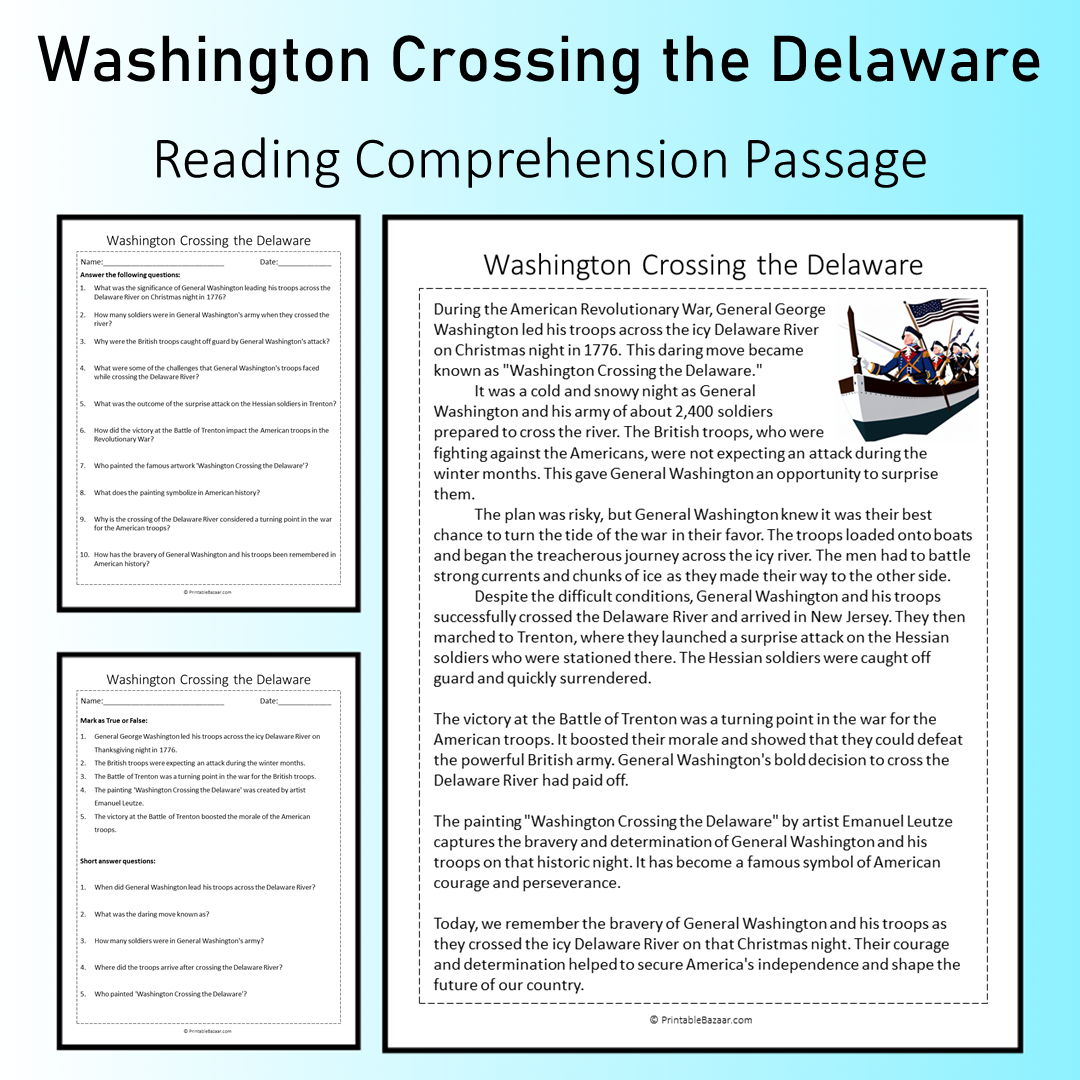 Washington Crossing the Delaware | Reading Comprehension Passage Printable Worksheet