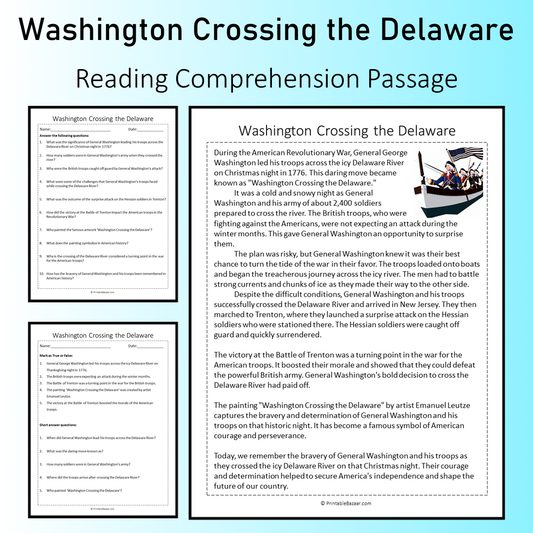 Washington Crossing the Delaware | Reading Comprehension Passage Printable Worksheet