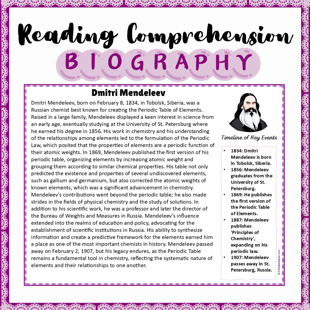 Dmitri Mendeleev | Biography Reading Comprehension and Questions Worksheet