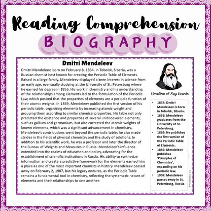 Dmitri Mendeleev | Biography Reading Comprehension and Questions Worksheet