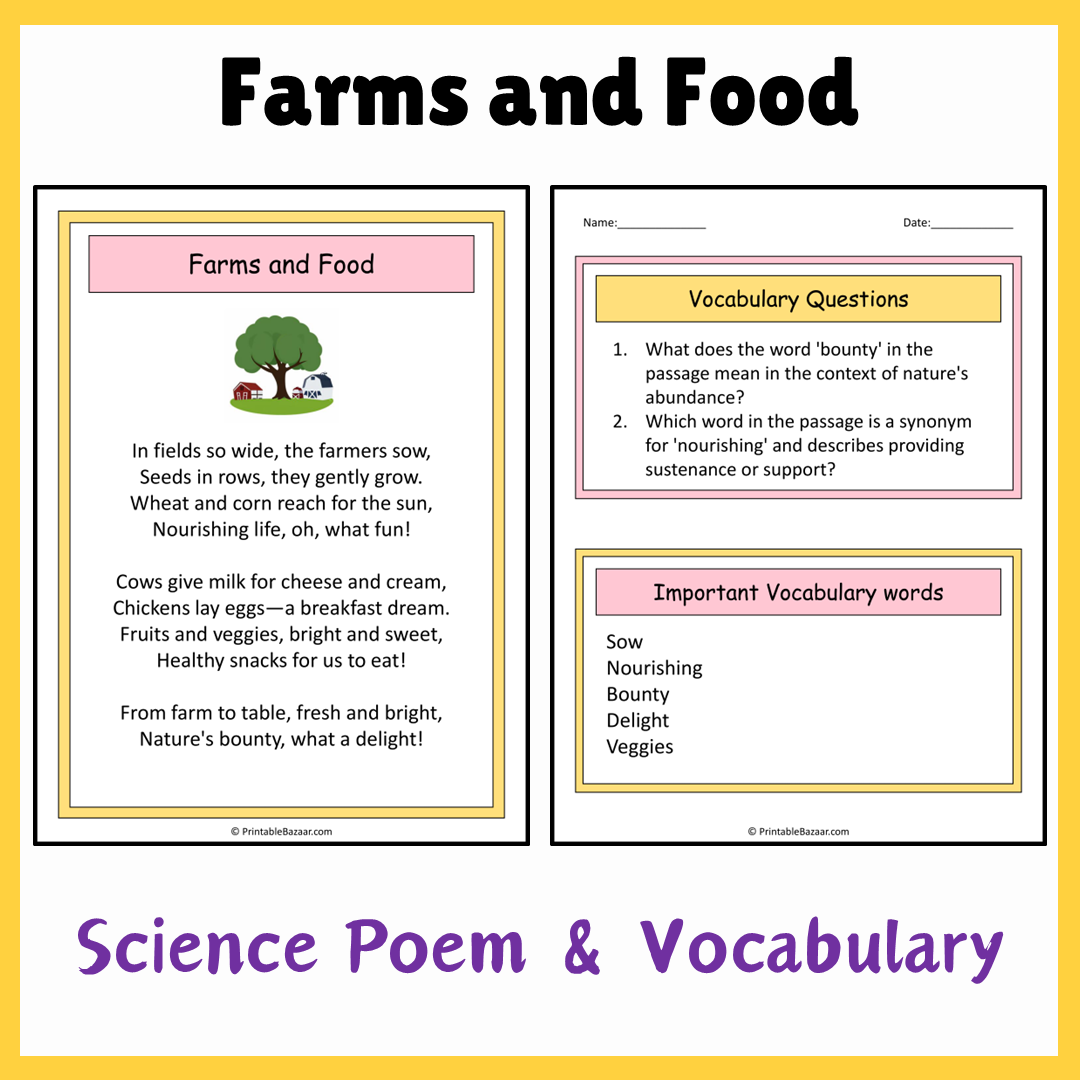 Farms and Food | Science Poem Reading Comprehension Activity