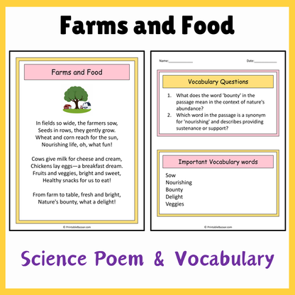 Farms and Food | Science Poem Reading Comprehension Activity