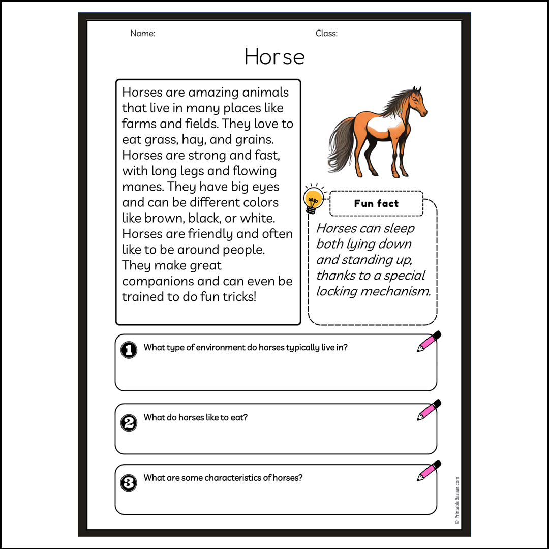 Horse | Reading Passage Comprehension Questions Writing Facts Worksheet