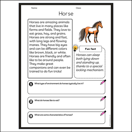 Horse | Reading Passage Comprehension Questions Writing Facts Worksheet