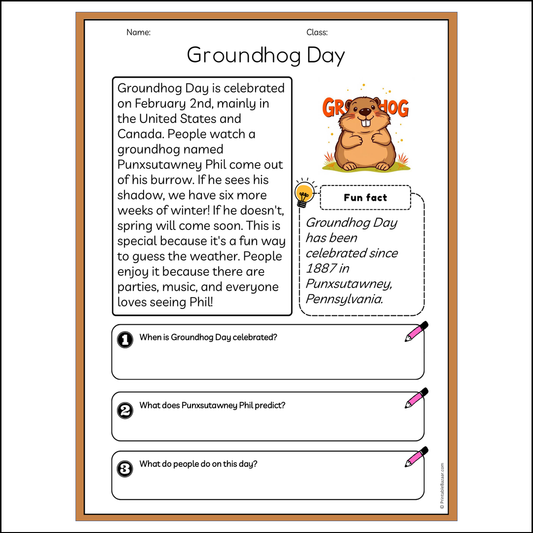 Groundhog Day | Reading Passage Comprehension Questions Writing Facts Worksheet