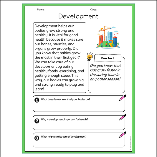 Development | Reading Passage Comprehension Questions Writing Facts Worksheet