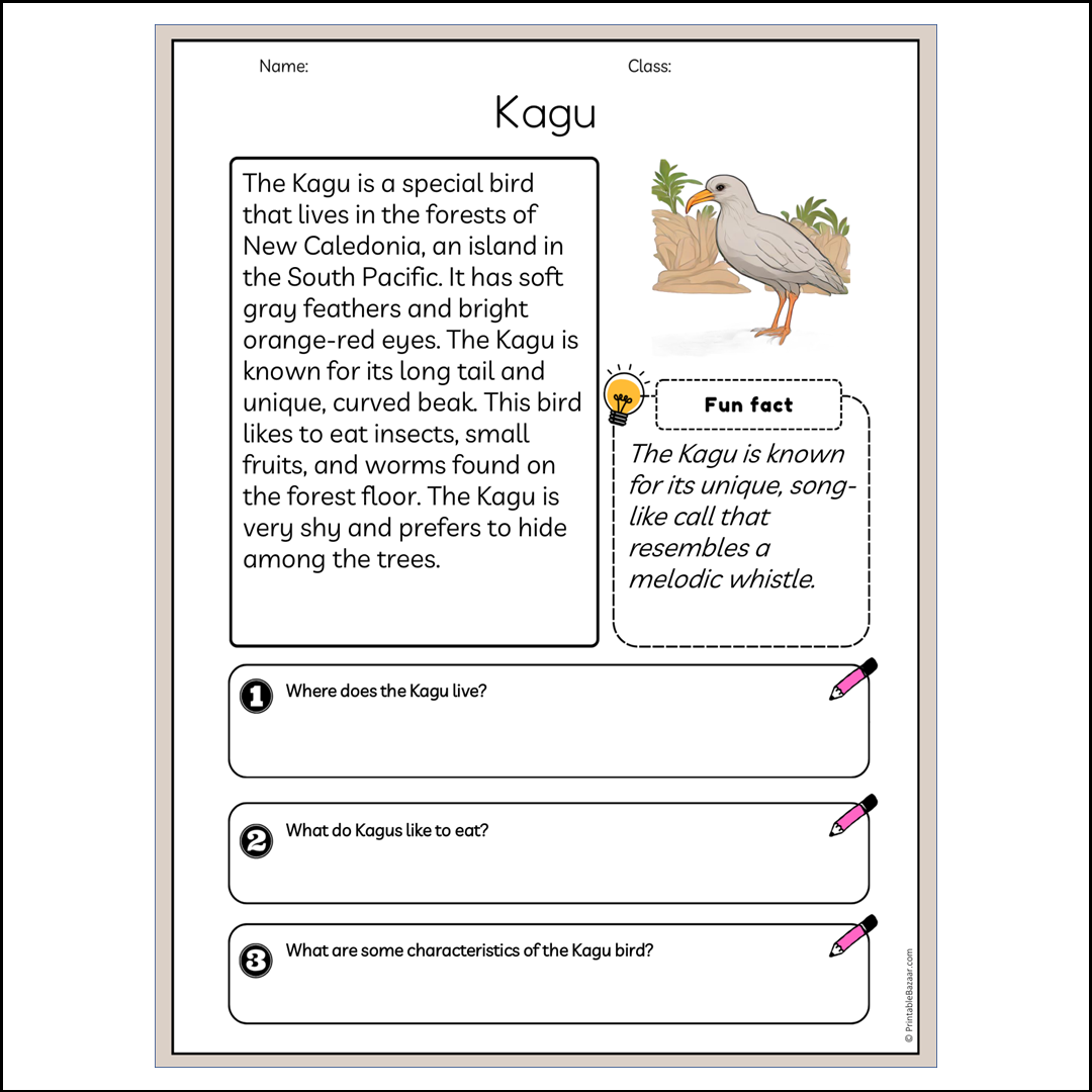 Kagu | Reading Passage Comprehension Questions Writing Facts Worksheet