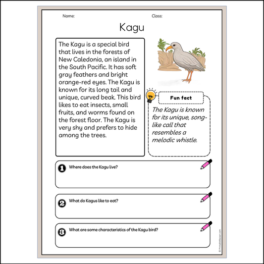 Kagu | Reading Passage Comprehension Questions Writing Facts Worksheet