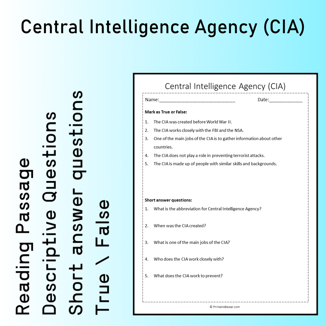 Central Intelligence Agency (CIA) | Reading Comprehension Passage Printable Worksheet