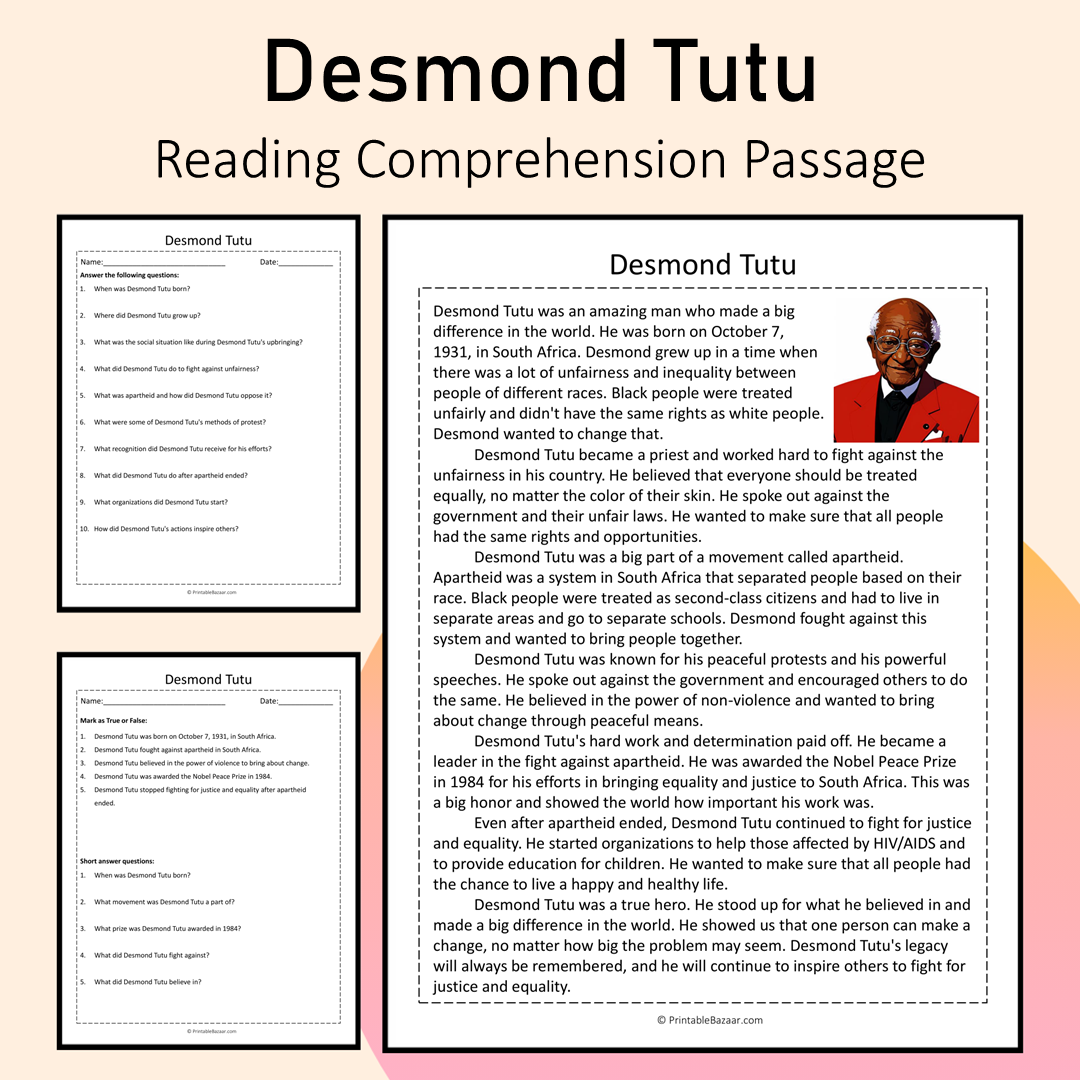 Desmond Tutu | Reading Comprehension Passage Printable Activity