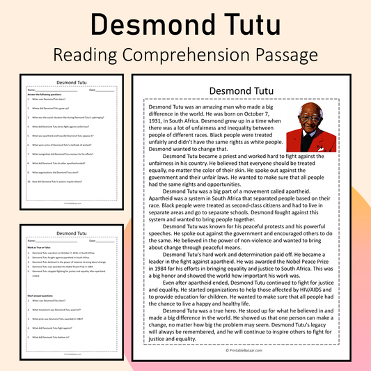 Desmond Tutu | Reading Comprehension Passage Printable Activity