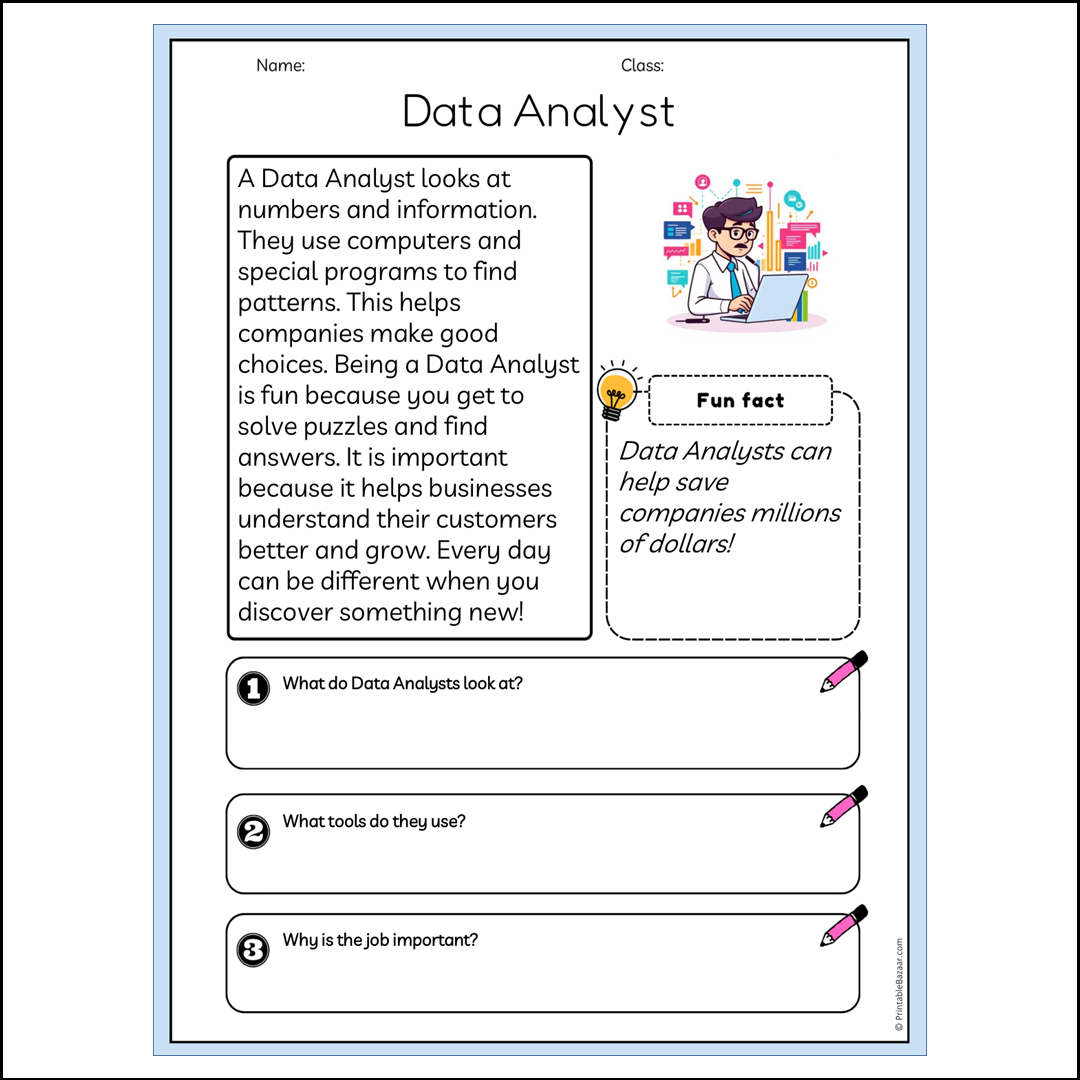 Data Analyst | Reading Passage Comprehension Questions Writing Facts Worksheet