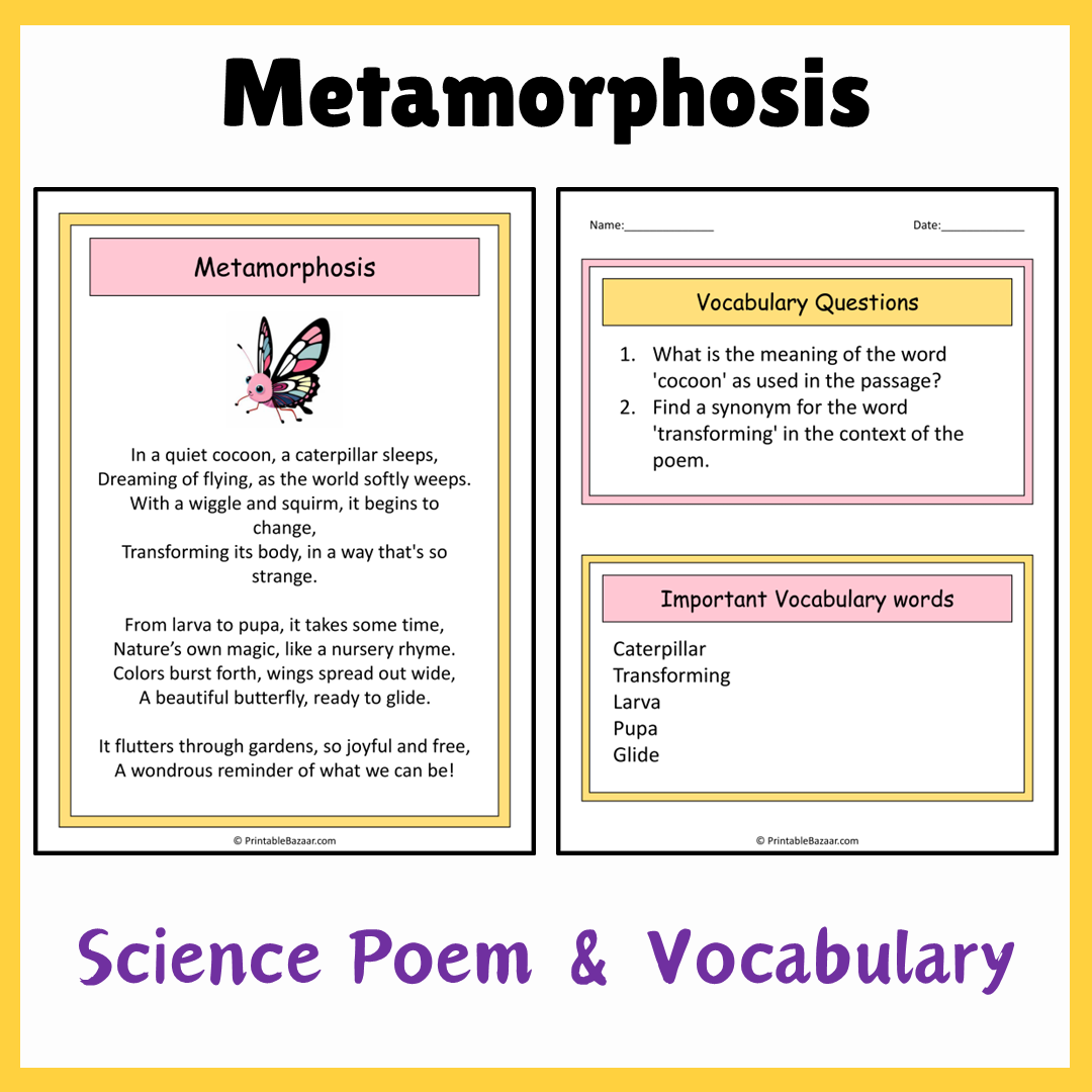 Metamorphosis | Science Poem Reading Comprehension Activity