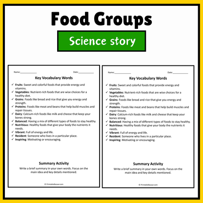 Food Groups | Science Story Reading Comprehension Activity