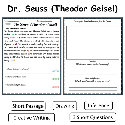 Dr. Seuss (Theodor Geisel) | Short Reading Comprehension Creative Worksheet