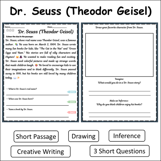 Dr. Seuss (Theodor Geisel) | Short Reading Comprehension Creative Worksheet