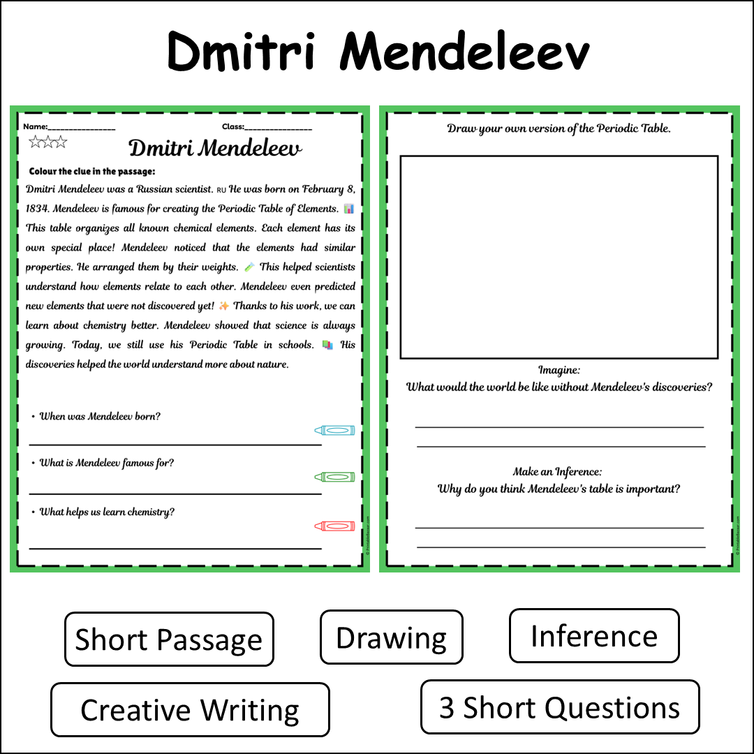Dmitri Mendeleev | Short Reading Comprehension Creative Worksheet