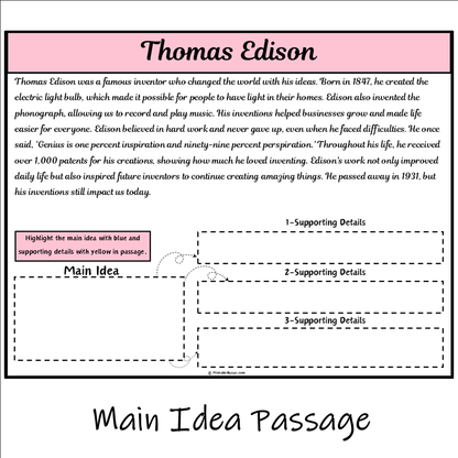 Thomas Edison | Main Idea and Supporting Details Reading Passage and Questions